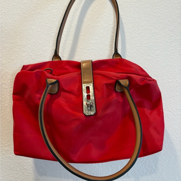 Handbags - Red Nylon Shoulder Bag Tan Handles Silver Turn Lock Closure Satchel Purse